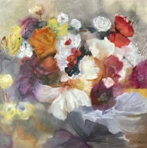 Livfull abstrakt blomstermålning av Alexandra Higgins