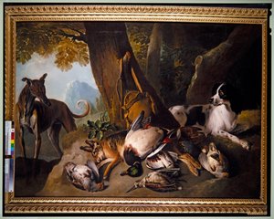 Hundar och vilt i landskap (olja på duk) av Alexandre Francois Desportes
