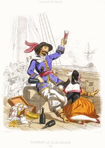 Kapten Henry Morgan frossar i vin och kvinnor på äkta piratmanér, mitten av 1800-talet (kolorerad gravyr) av Alexandre (after) Debelle