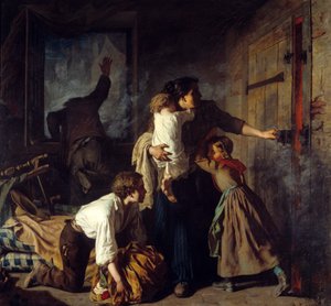 Brandplats. En familj som sitter fast i sin lägenhet försöker undkomma branden i byggnaden. Familjefadern ropar på hjälp från fönstret. Målning av Alexander Antigna (1817 - 1878)