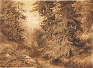 En uråldrig tallskog med en bergsbäck av Alexandre Calame