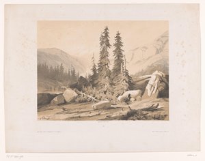 Berglandskap med granar och bergsgetter Sapins (titel på objekt) av Alexandre Calame