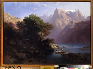 ""Berglandskap med sjö i Schweiz"" (Bergsjö) Målning av Alexandre Calame (1810-1864) 1860 Regional Art Gallery, Tambov Ryssland av Alexandre Calame