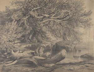 Två män vilar vid en sjö recto..., tidigt till mitten av 1800-talet. av Alexandre Calame