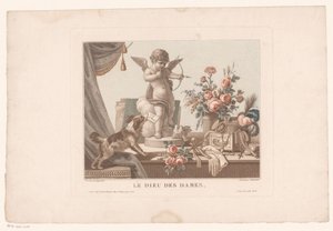 Stilleben på ett bord med en hund och en staty av Amor Le Dieu des ladies. (titel på objekt) av Alexandre Chaponnier