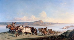 Fastsättning av hästar som drar båtar nerför Rhone, c1825-1870 av Alexandre Dubuisson