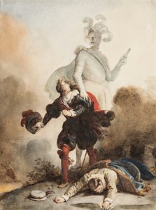 Don Juan et Leporello rencontrent la statue du Commandeur au cimetière (grafit, penna och brunt bläck med akvarell på papper, förhöjd med gummi arabicum) av Alexandre Evariste Fragonard