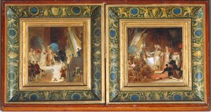 Franciskus I och hans hov tar emot verk från Italien av Primaticcio - Franciskus I adlad av Bayard ... av Alexandre Evariste Fragonard