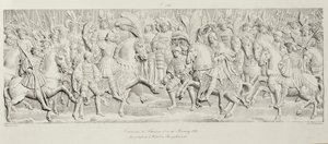 Möte mellan Francois I och Henrik VIII på Guldtygets fält, efter den snidade stenreliefen på Hotel de Bourgtheroulde, Rouen, Normandie, 1501-37, graverad av Godefroy Engelmann (1788-183) av Alexandre Evariste Fragonard