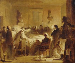 De sista ögonblicken av Charles-Ferdinand av Frankrike (1778-1820) i administrationsrummet i Paris operahus, 14 februari 1820, 1820-50 av Alexandre Evariste Fragonard