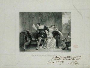 Brevscenen från operan Barberaren i Sevilla av Rossini graverad av Villain de Sevres av Alexandre Evariste Fragonard