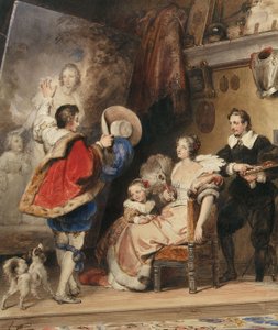 Ung man som beundrar ett porträtt av en dam och hennes lilla dotter av Alexandre Evariste Fragonard