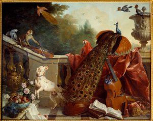Djur, blommor och frukter En hund, en apa som spelar fiol, en påfågel, en papegoja, en paradisfågel, stråkinstrument. Målning av Francois Desportes (1661-1743) 1717 sön. 1,24x2,31 m Grenoble, musee des Beaux Arts av Alexandre Francois Desportes