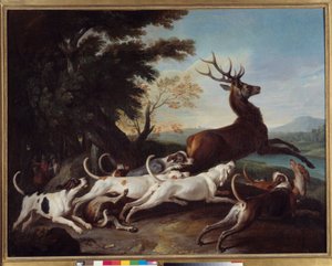 Jakt: ”” Debuche du deer”” Målning av Francois Desportes (1661-1743) 1718 Sön. 1,1x1,45 m Rouen, Museum of Fine Arts av Alexandre Francois Desportes