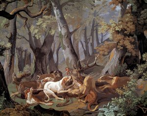 Stag Hunting Dussy tapet efter en målning av Alexandre-Francois Desportes (1661-1743). 1851. Paris, Dekorationskonst av Alexandre Francois Desportes