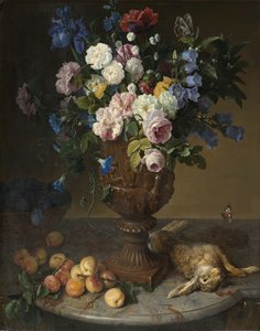 Urna med blommor med frukt och hare, 1715