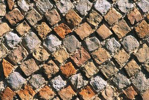 Närbild av ett opus reticulatum golv. Civitella akropolis, Italien, Abruzzo-regionen, Chieti