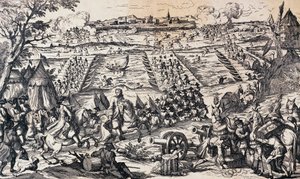 Ludvig XV:s armé korsar Rhen och attackerar försvarslinjen vid Ettlingen, 1-4 maj. av Nicolas Toussaint Charlet