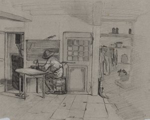 En bondgårdsinredning med en pojke vid ett bord, ca. 1846. av Alexandre Gabriel Decamps