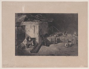 Interiör av kenneln, från serien Hunting Scenes, 1829. av Alexandre Gabriel Decamps