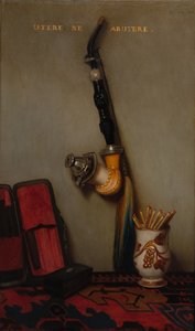 Stilleben med pipa och tändstickor och stilleben med sill, bröd och ost, 1858.
