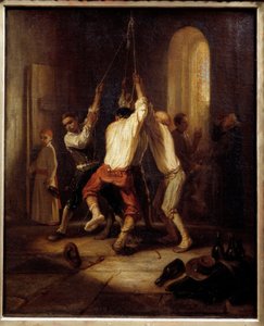 Ringsignalerna. Män drar i repet för att ringa klockorna. Målning av Alexandre Gabriel Decamps (1803-1860)