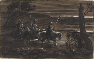 Tre arabiska ryttare som korsar en flod av Alexandre Gabriel Decamps