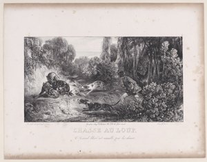 Wolf Hunt: Wounded Animal Attacked by Dogs, från serien Hunting Scenes, 1829. av Alexandre Gabriel Decamps