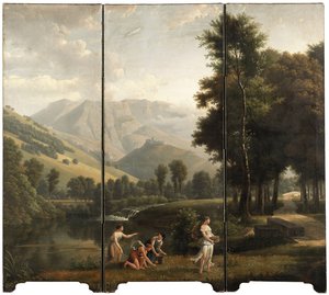 Ett arkadiskt landskap med jungfrur som samlar blommor vid en flodstrand, ett slott på en kulle bortom, 1801