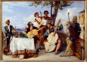 De venetianska konsertmusikerna (cello, luta, fiol) och sångare på en terrass betjänas av en svart tjänare. Målning av Alexandre Hesse (1806-1879) 1800-talets Nantes, Museum of Fine Arts