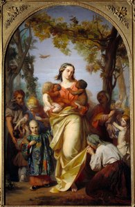 Universell välgörenhet. Personifiering av välgörenhet som håller de olika folken i världen i sina armar. Målning av Alexandre Laemlein (1813-1871) av Alexandre Laemlein