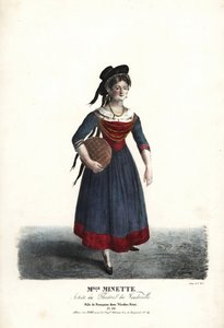 Skådespelerskan Mademoiselle Minette eller Jeanne-Marie-Francoise Menestrier som Francoise i Nicolas Remi av Sewrin, Theatre du Vaudeville av Alexandre Marie Colin