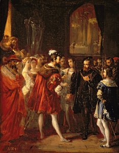 Karl V (1500-58) mottogs av Frans I (1494-1547) vid Louvren, ca 1843 av Alexandre Marie Colin