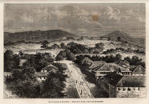 Rue et barracks de Freetown, Sierra Leone, gravyr efter teckningen av A. de Bar, som illustrerar resan till Côte d
