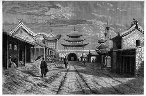 Utsikt från en gata vid "Youn Tchen Sian", Kina. Gravyr efter en teckning av A. de Bar, i "Le Tour du Monde, Nouveau journal des Voyages", redigerad av Edouard Charton, Paris