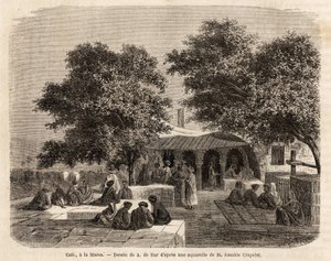 Utsikt över ett kafé i La Marsa (Tunis), teckning av A.de Bar, för att illustrera en resa till Tunis, 1859, av Amable Crapelet. Gravyr i "" Le tour du monde"", redigerad av Edouard Charton