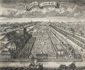 Utsikt över sommarträdgårdarna från floden Neva, 1717