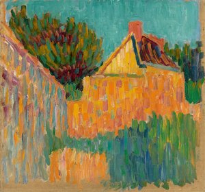 Litet hus framför buskar, ca. 1907.