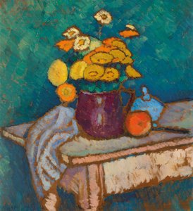 Stilleben med tyg, blommor i kanna och äpple, 1909-1910. av Alexei Javlensky von