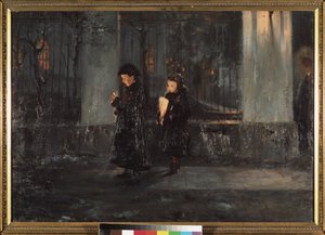 Helig torsdag. Två små flickor håller i ljus på kvällen på väg till kyrkan för påskfirandet. Målning av Alexei Nikolaievich Ostrogradsky (1867-1943), olja på duk av Alexei Nikolayevich Ostrogradsky