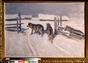 Vargar, vinternatt (Wolfs, Winter Night) - Målning av Alexei Stepanovich Stepanov (1858-1923), olja på duk, cirka 1910, rysk konst, tidigt 1900-tal - Privat samling