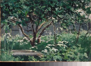 Ett hörn av trädgården - Verk av Alexei Stepanovich Stepanov (1858-1923), olja på kartong