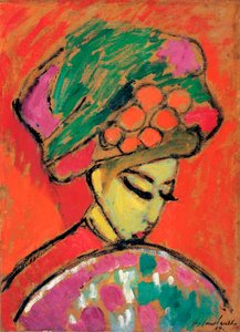 Ung flicka med en blommig hatt - Målning av Alexei von Javlensky (1864-1941) olja på kartong, 67,5x49 cm av Alexej von Jawlensky