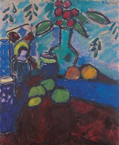 Stilleben med omvänd glasmålning, grön vas och frukt av Alexej von Jawlensky