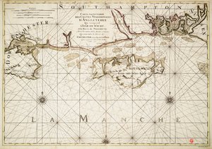 Karta över den engelska kusten, Isle of Wight och Portsmouths hamn