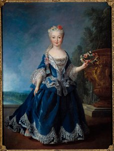 Porträtt till fots av Marie Anne Victoire, Spaniens spädbarn (1718-1781) framför vattnet hos schweizarna i Versailles Målning av Alexis Simon Belle (1674-1734) 1725 Sön. 0,99x1,04 m