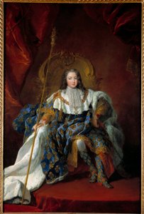 Porträtt av Louis XV (1710-1774) barn på sin trone täckt av kostymen och attributen för den heliga målningen av Alexis Simon Belle (1674-1734) 1723 Sön. 2,26x1,8 m - Porträtt av Ludvig XV (1710-1774), som ett barn på sin tron med kröningsklänning - Pai