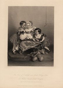 Earl of Dalkeith (William Henry), Henry John och Walter Charles Scott Douglas, son till den 5:e hertigen av Buccleuch, 7:e hertigen av Queensberry. Två söner bär tartanklänningar med band, med den yngsta i huva och satinklänning. Stålstick av H. Cook a