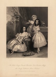 Porträtt av Emily Blanche Charlotte, Rose Caroline och Emily Catherine Anne Somerset, döttrar till Henry Somerset, 7:e hertigen av Beaufort. Tre unga systrar med ringlets i satinklänningar med band och spets, balettskor. Stålstick av J. Thomson a