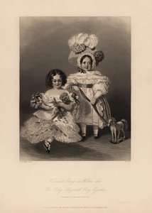 Viscount Gray de Wilton och Elizabeth Gray Egerton, barn till Thomas Egerton, 2:a greven av Wilton. Dotter i ringlets och ryslig klänning som håller en docka och son i klänning och fjäderhuva som håller ett band knutet till en leksakshäst. Stålstick av Hen